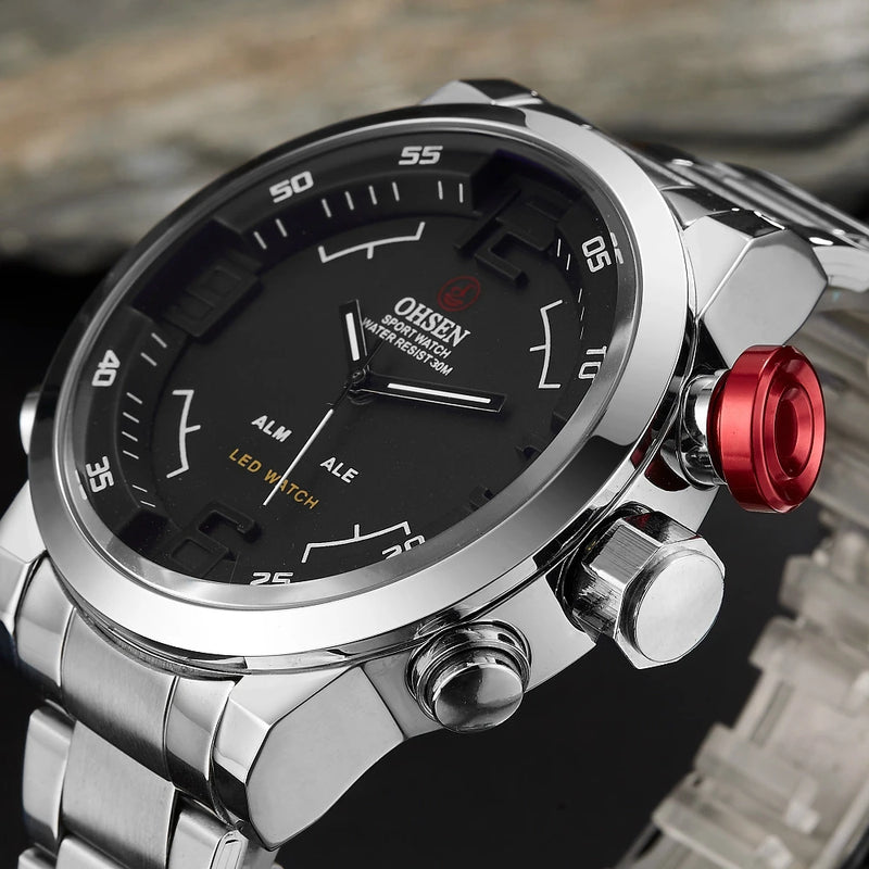 Fashion Sport Watch Men Digital Quartz LED Steel Strap Man Dual Time Watch 3ATM Waterproof Military Wristwatches Relogios