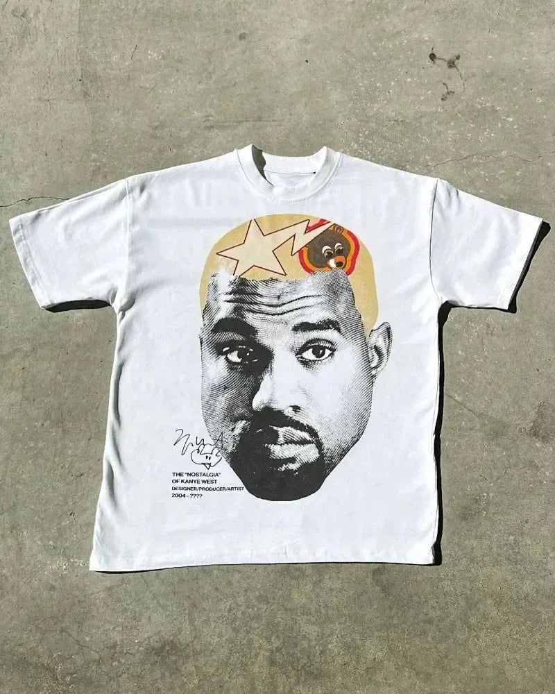 2026 American Trendy Hip Hop Street Style T-Shirt Unisex Celebrity Portrait Print Tee Kanye Photo Top Plus Size Clothing Adult