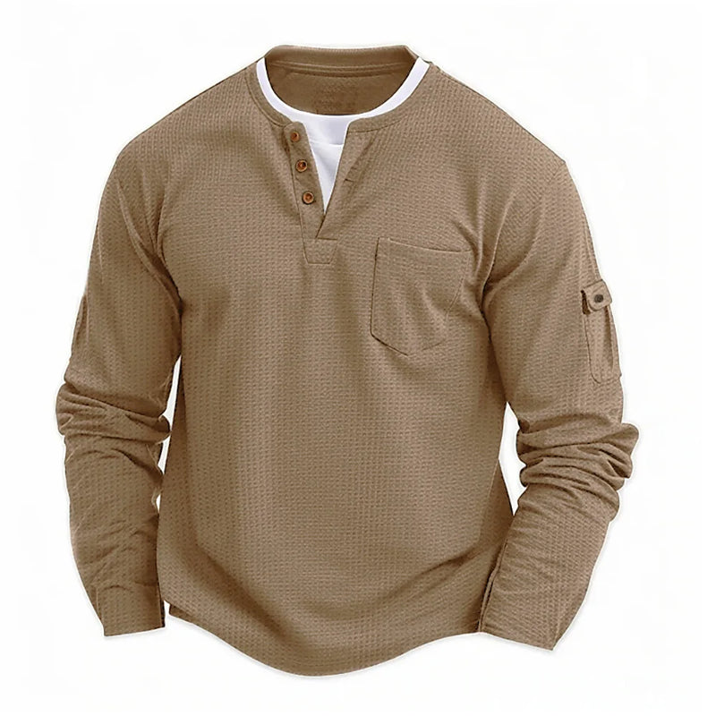 2025 New Men's Button Henley neck T Shirt Long Sleeve Casual Button Solid color T-Shirt Fashion Waffle Fake two-piece T-Shirt