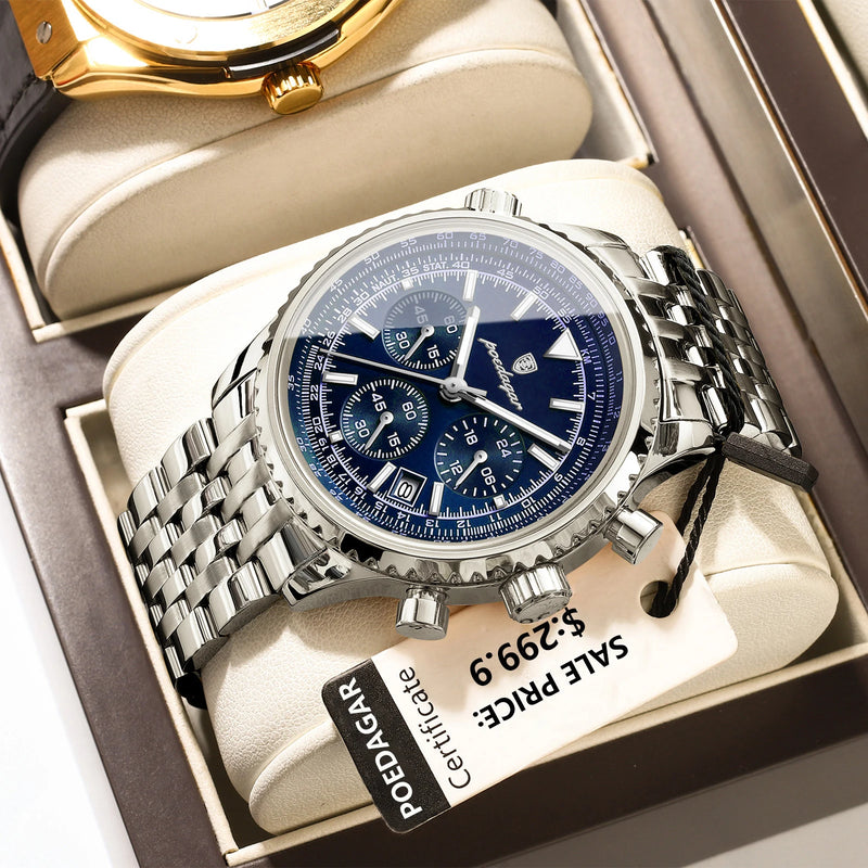 POEDAGAR Business Man Watch Chronograph Date Waterproof Luminous Men's Watches Stainless Steel Trendy Quartz Male Wristwatch+Box