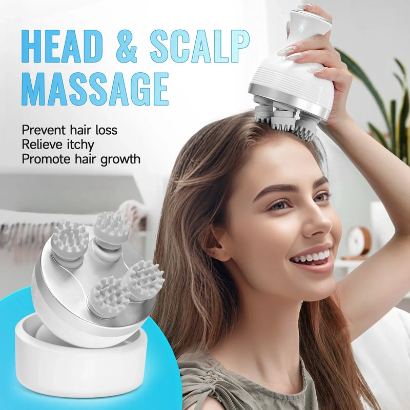 Massageador Elétrico para Cabeça e Couro Cabeludo, Massagem Corporal, Pescoço e Tecido Profundo com 4 Modos de Amassamento