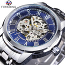 Forsining 349 Men's Mechanical Watch Business Round Skeleton Silvery Black Stainless Steel Manual Wrist Watches for Male Clock