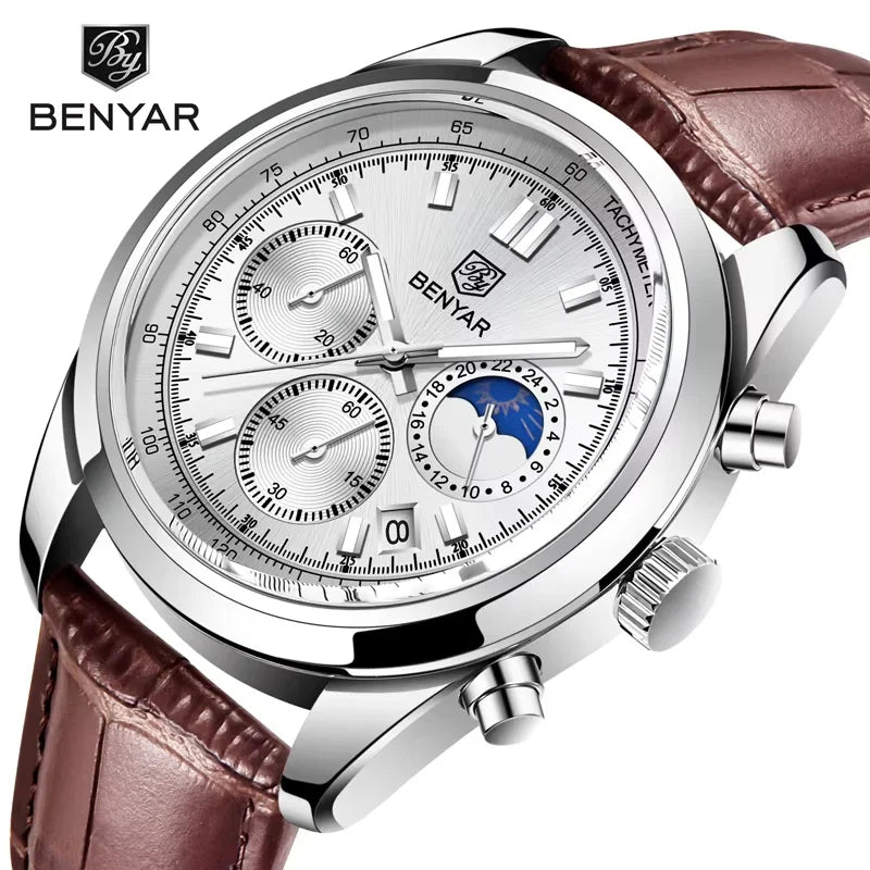 BENYAR New Men Watch 30ATM Waterproof Stainless Steel Quartz Wristwatches Luxury Leather Military Chronograph Watch Reloj Hombre
