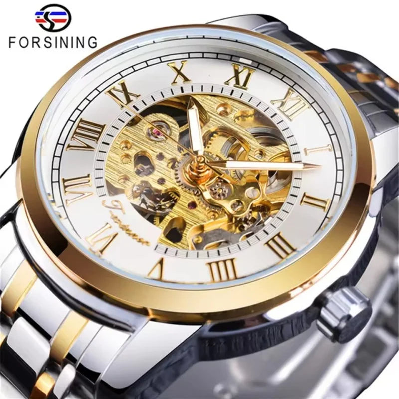 Forsining 349 Men's Mechanical Watch Business Round Skeleton Silvery Black Stainless Steel Manual Wrist Watches for Male Clock