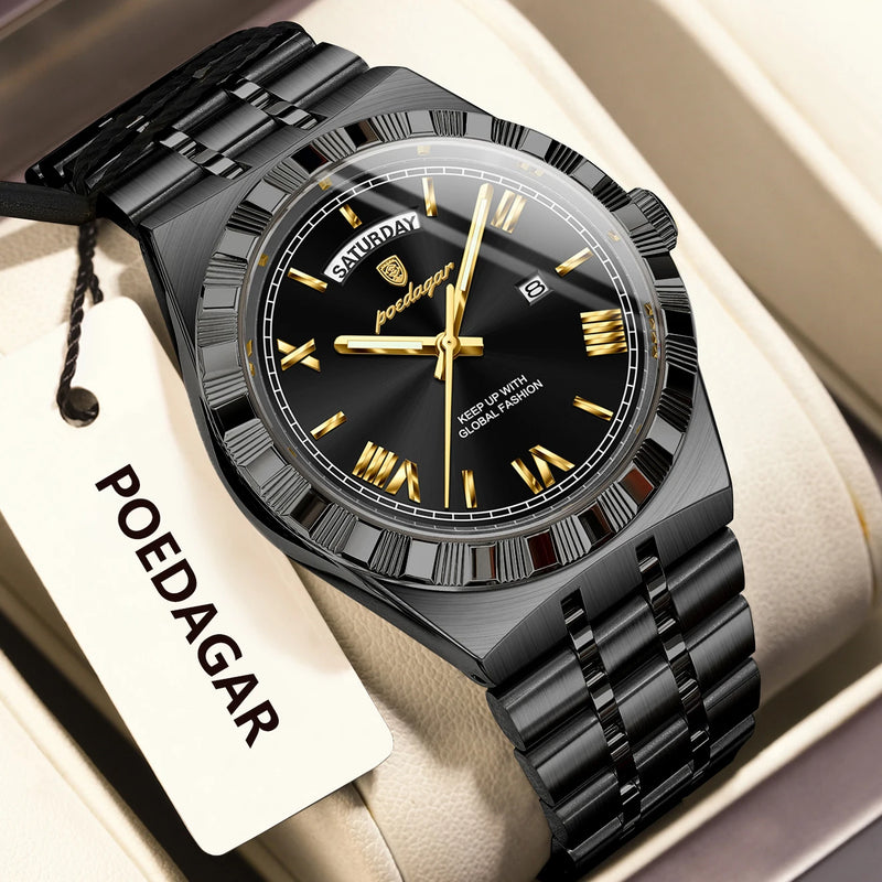 POEDAGAR Sports Men Wristwatch Week Date Stainless Steel Casual Man Watch Luminous Waterproof Quartz Fashion Men's Watches Reloj