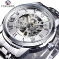 Forsining 349 Men's Mechanical Watch Business Round Skeleton Silvery Black Stainless Steel Manual Wrist Watches for Male Clock